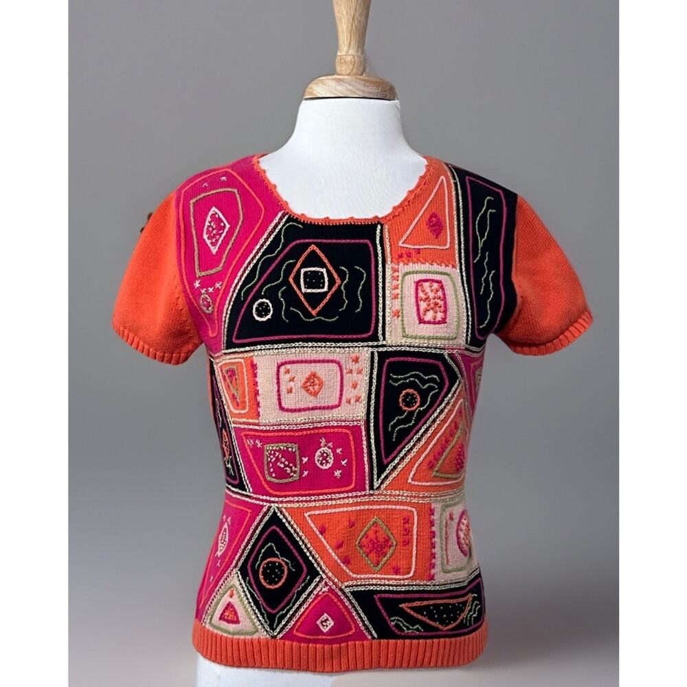 Madison Studio Women's L Short Sleeve Sweater Cotton ORANGE Retro MOD Abstract